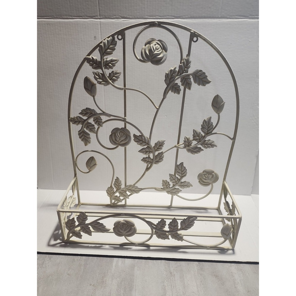 Vtg Metal Wrought Iron Wall Hanging Shelf Floral Decor Beige Distressed 19 in.